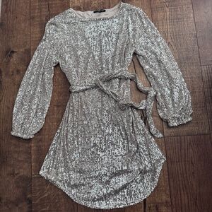 Cable & Gauge champagne Sequin puff Long Sleeve Mini Dress, Size S festive NYE